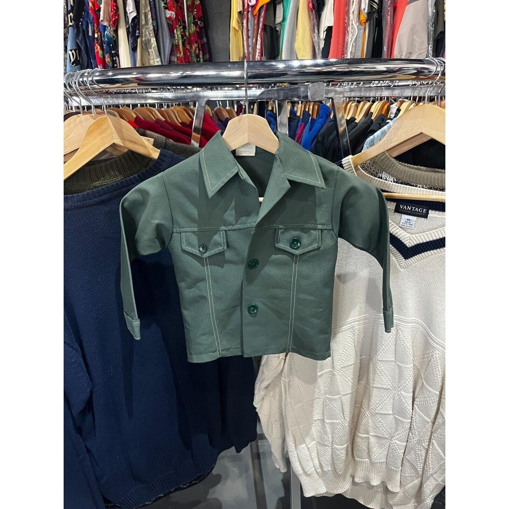 Vintage Circa 1970s Georgie Youth Green Polyester Button Down Shirt Size 5